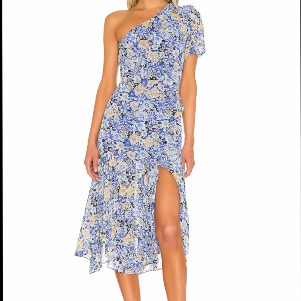 Astr One-Shoulder Blue Floral Midi Dress